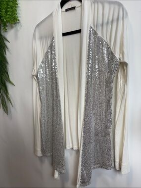 Open-Front Sequin Trim Cardigan - White with Silver Sequins